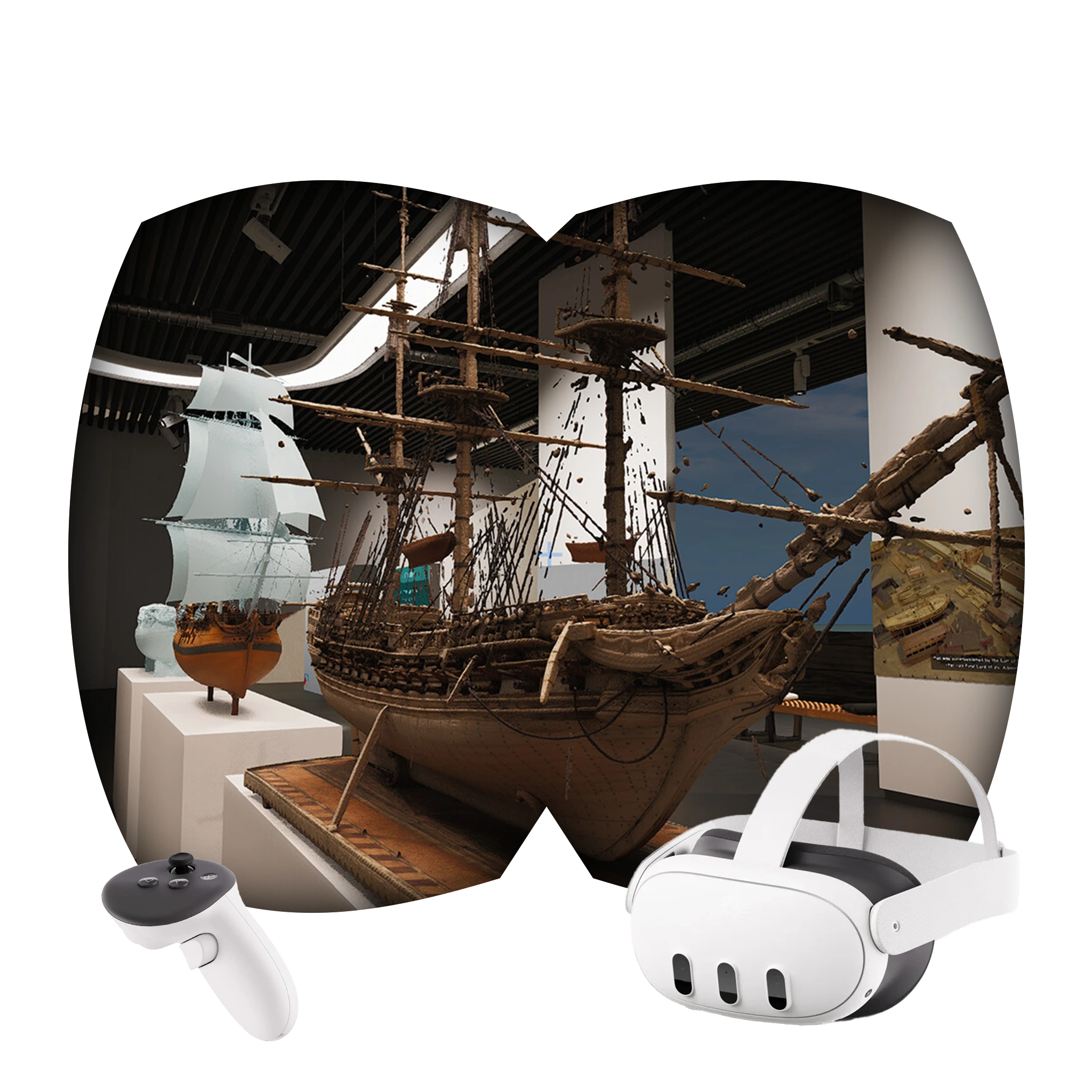 AGO Bristol 1775 — in-headset view of the Bristol model in the VR gallery, with Meta Quest 3 headset and controller