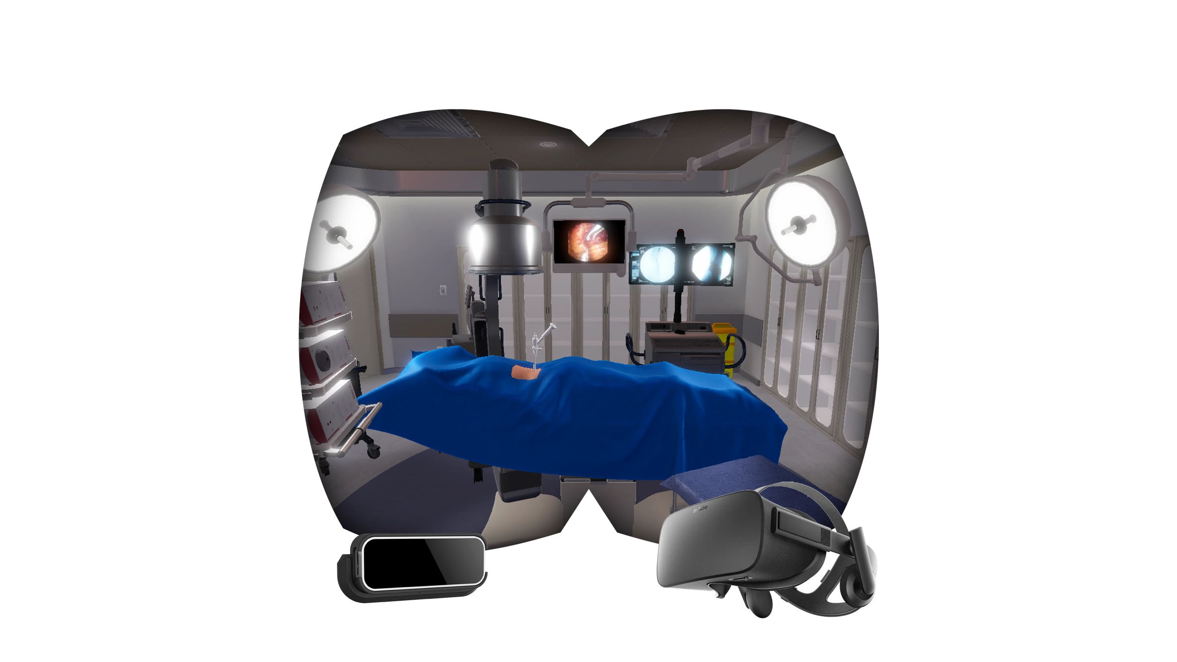Marion Surgical VR Surgery - in-headset view of the operating room with surgical drape, lights and monitors, with Oculus Rift and Gear VR