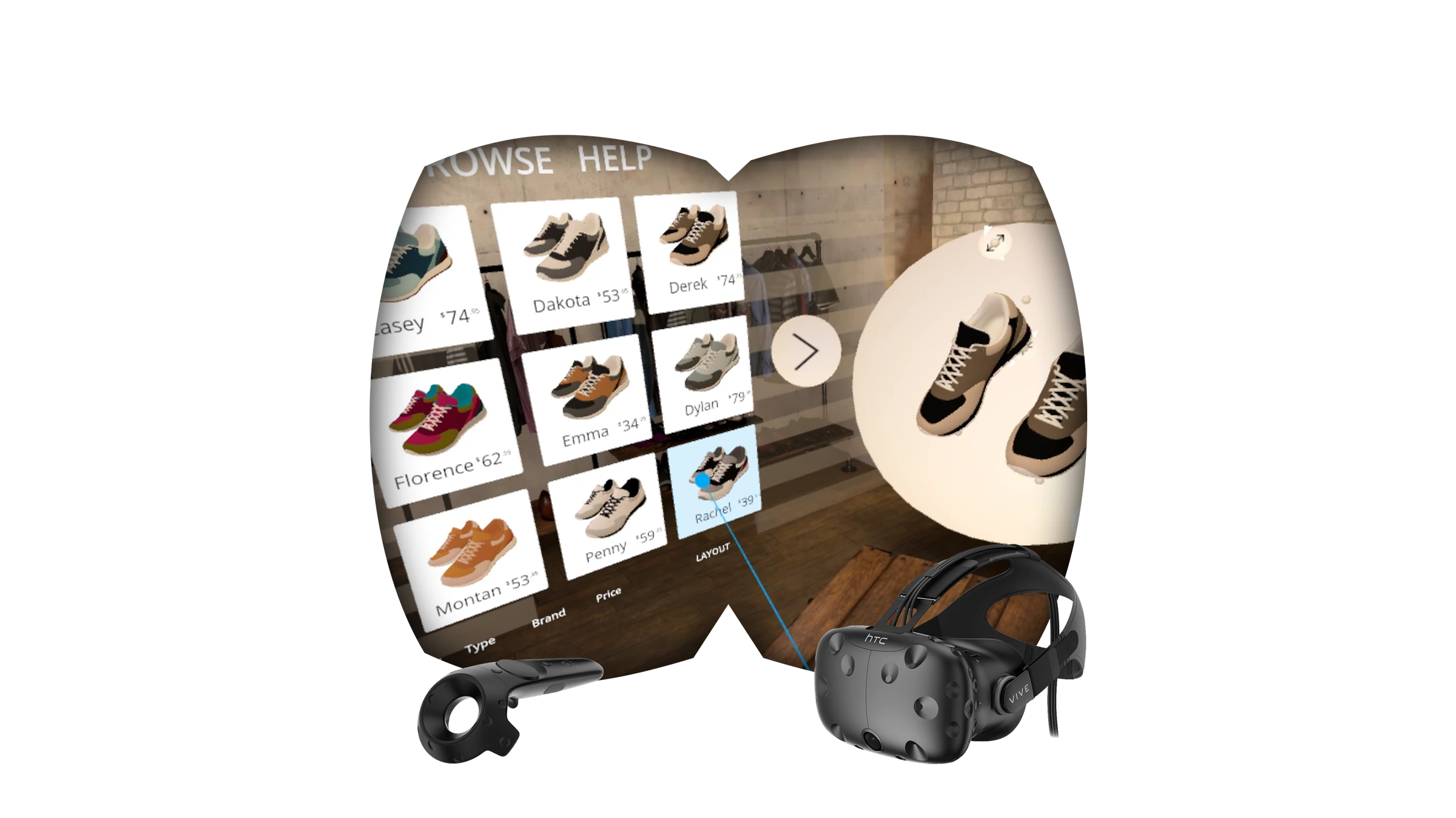 VR Shoe Catalog Browser — in-headset view of the catalog grid with HTC Vive headset and controller