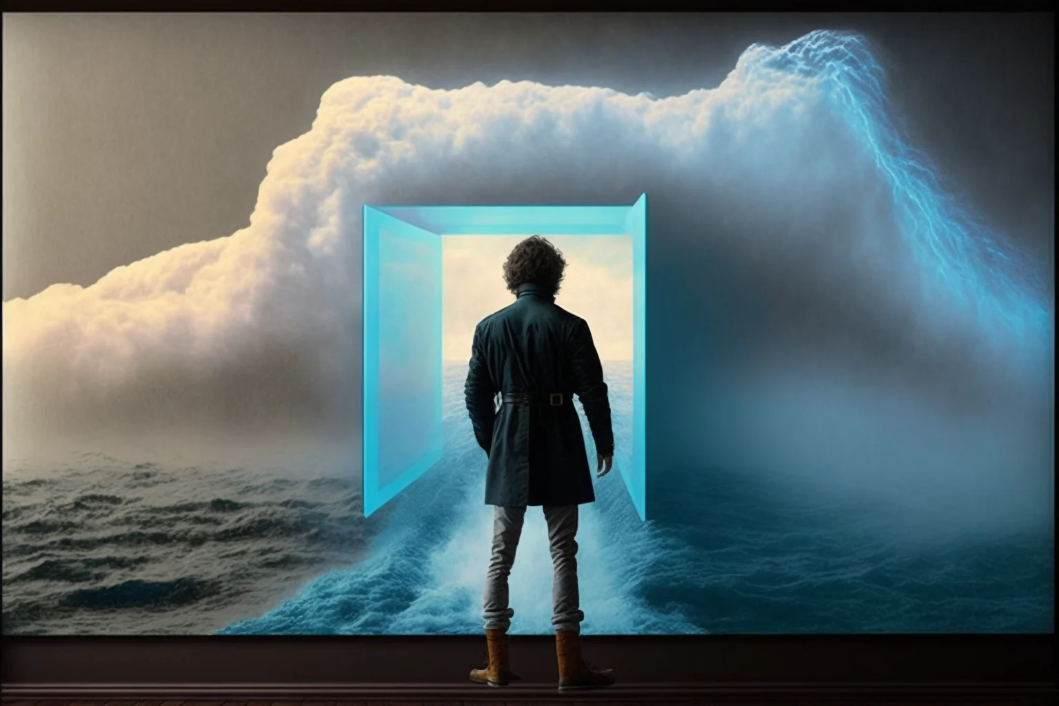 A glowing portal opening inside a bank of cloud