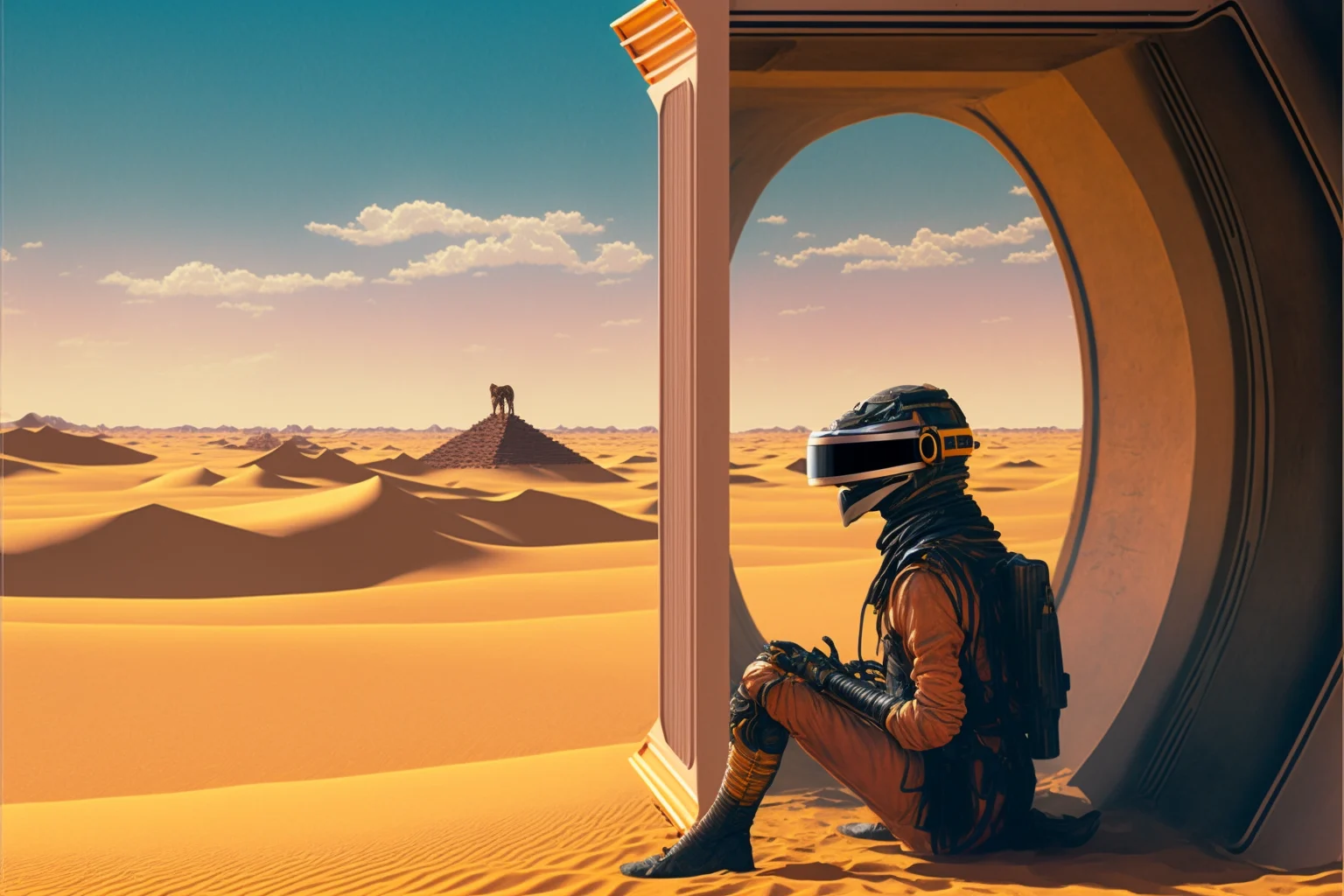 A figure seated at a monumental ring structure opening onto desert