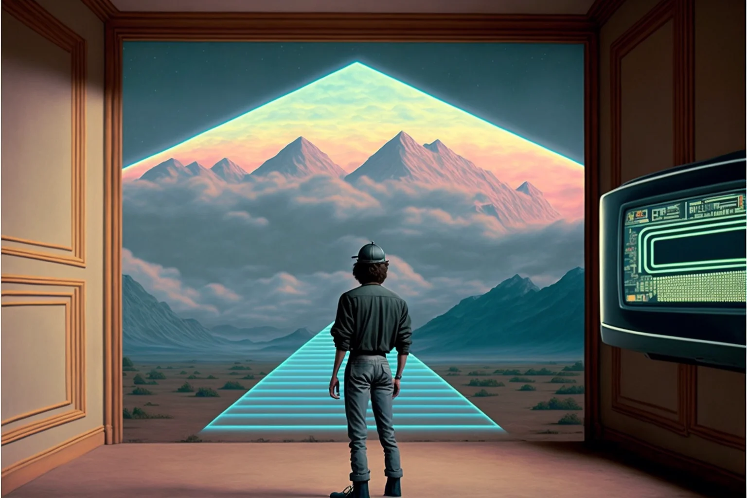 A figure stepping through a portal toward a mountain range